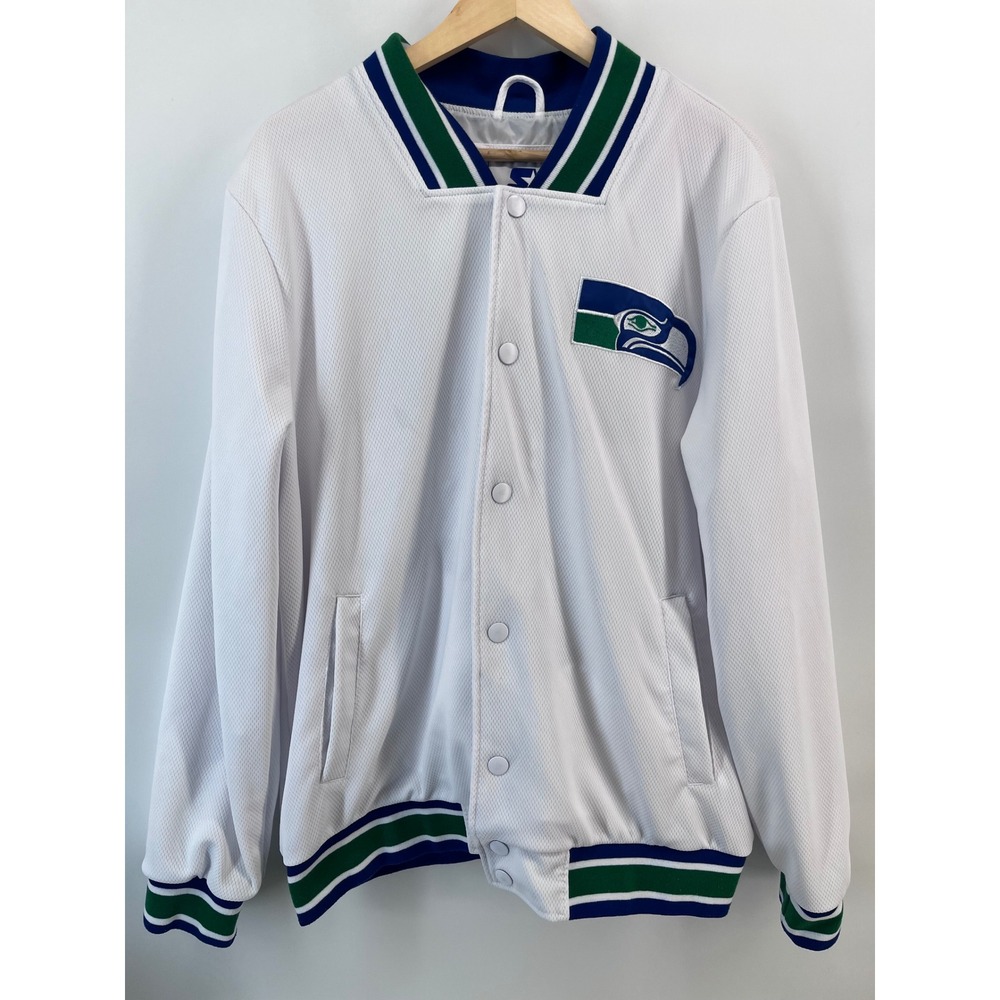 Starter Seattle Seahawks Mesh Varsity Jacket Mens Large White Snap Front NFL